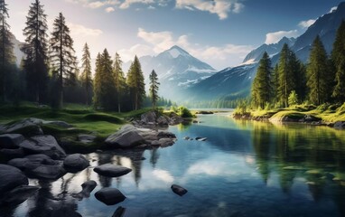 Serene mountain landscape with a tranquil river and lush pine trees under a clear sky.
