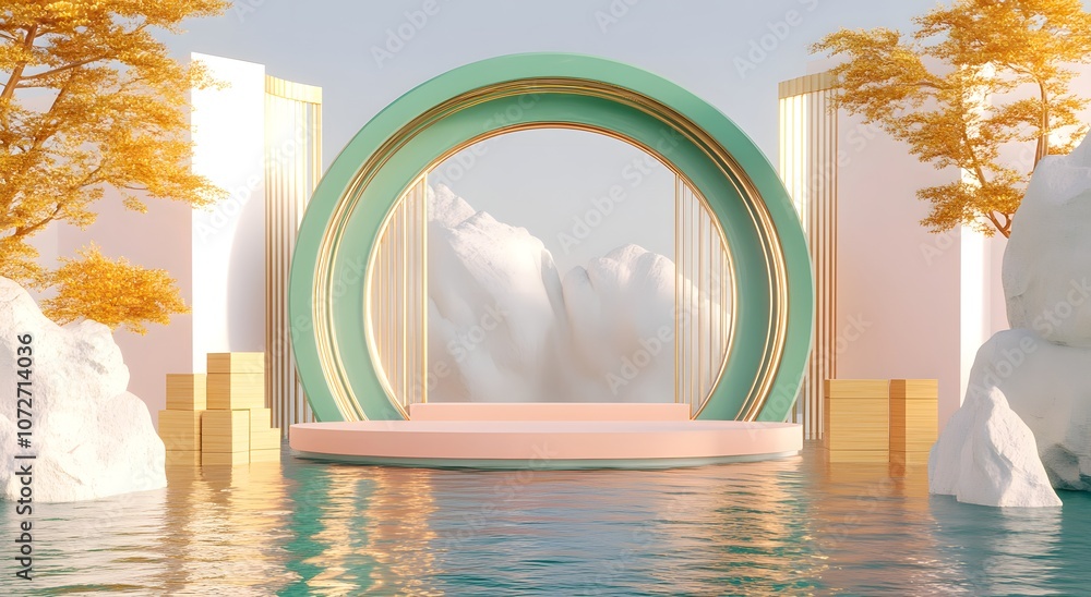 Poster A minimalist 3D rendering of a product display platform with a green and gold circular frame. The platform is surrounded by water and rock formations.