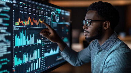 Focused African American man analyzing data on a computer screen in a modern office