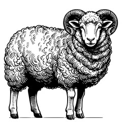 Line Art Lamb, illustration of sheep, black and white sheep hand drawing of a sheep isolated on white, sheep lineart.