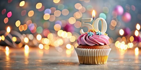 Delightful Tilt-Shift Photography of a Cupcake with Colorful Candles Celebrating a 50th Birthday, Perfect for Birthday Party Decorations and Sweet Treat Inspiration