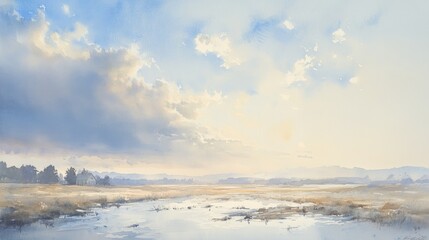 Obraz premium Serene Landscape with Soft Clouds and Reflection