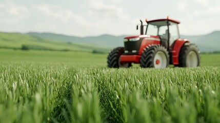 Fototapeta premium Red Tractor in Lush Green Field Agriculture Farm Equipment Rural Landscape