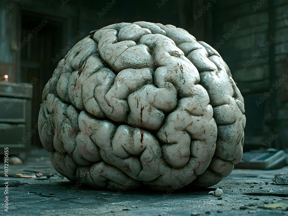 Poster a realistic depiction of a brain resting on a surface in a dimly lit environment.