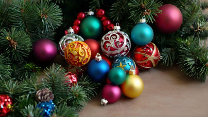 Balls on the Christmas tree close-up. Christmas tree design decorations. The concept of celebrating New Year and Christmas
