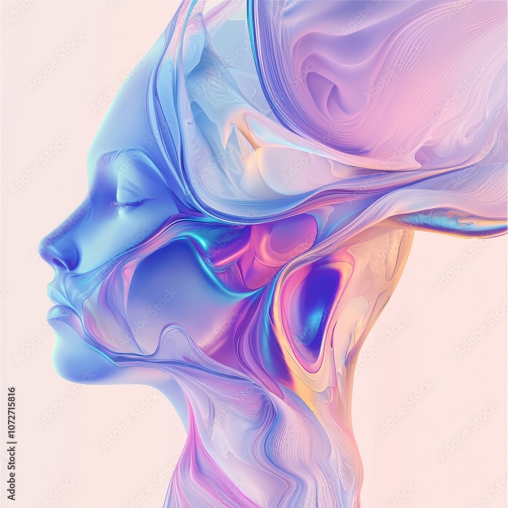 Poster elegant abstract female portrait in soft pastel tones featuring flowing lines and fluid shapes captu
