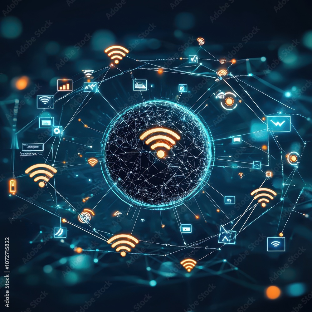 Aufkleber global network connection visual representation featuring wireless signals and data icons in a moder