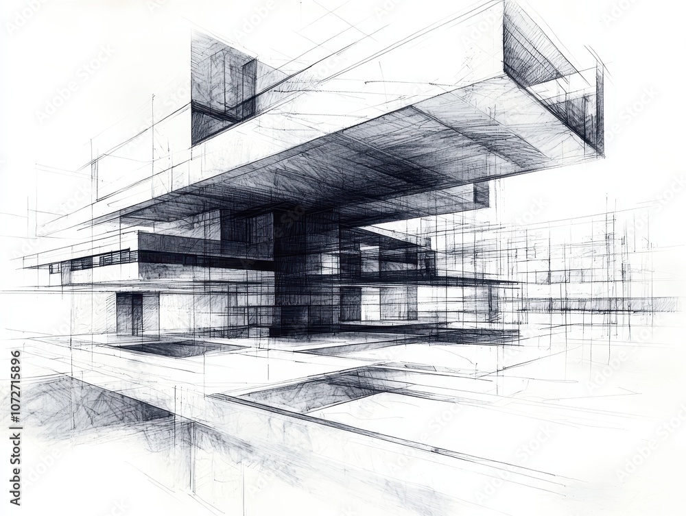 Poster abstract architectural design sketch featuring modern construction concepts with complex structures,
