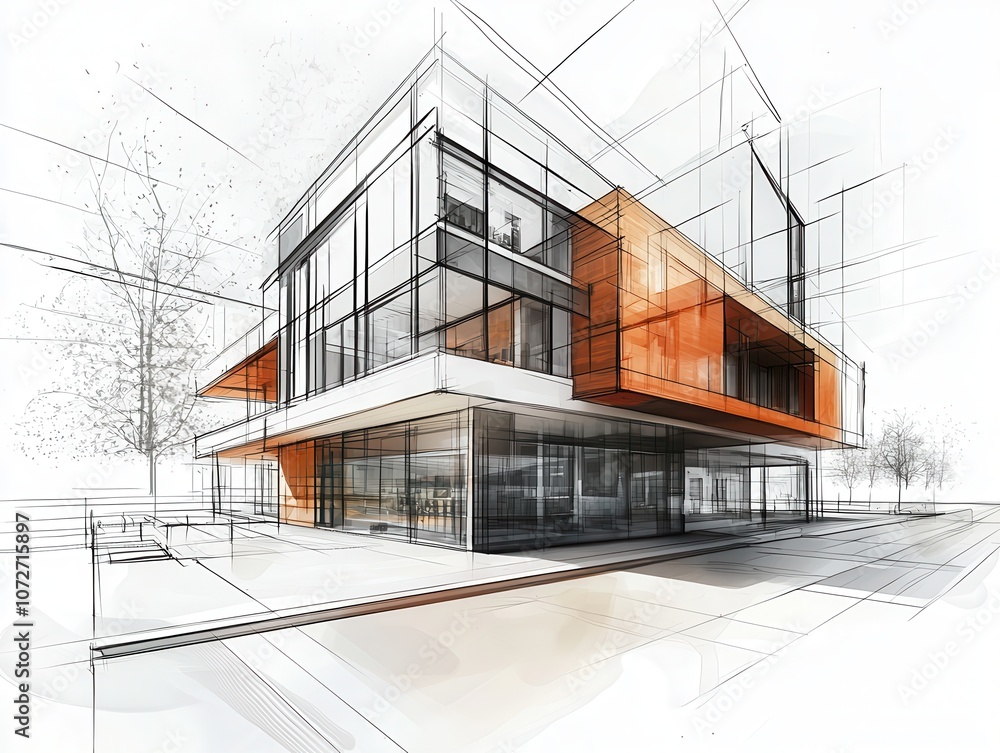 Poster modern architectural sketch of a vibrant building design showcasing a fusion of glass and angular el