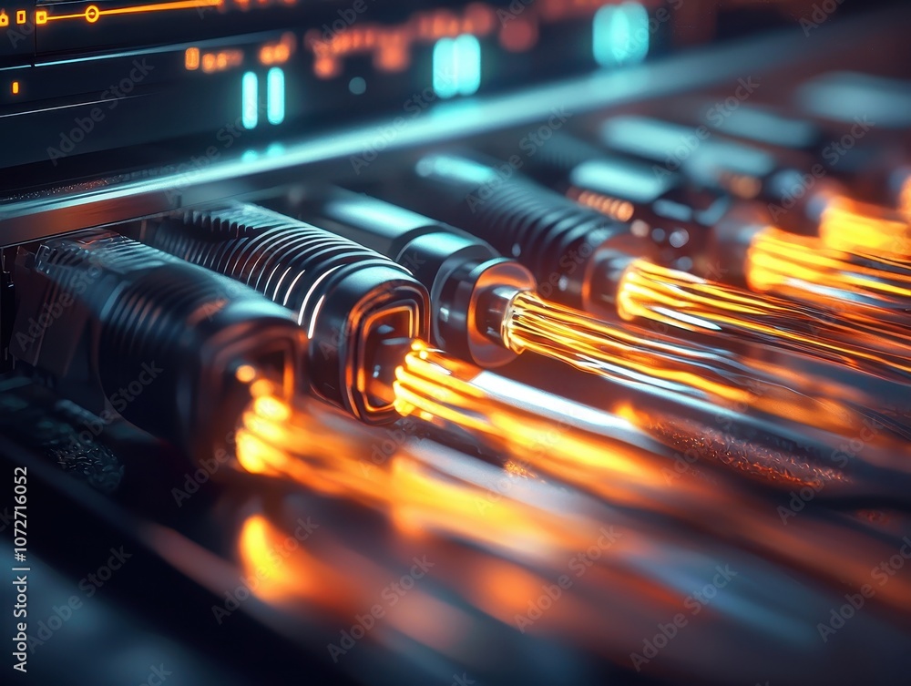 Poster glowing fiber optic cables connecting digital technology with light trails illustrating data transmi