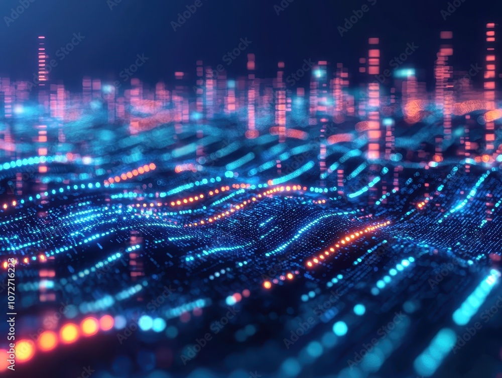 Poster futuristic abstract digital landscape with glowing particles and waves, representing data flow and t