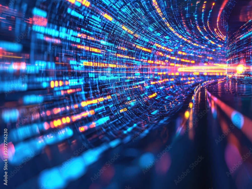 Poster abstract vibrant digital tunnel filled with glowing data streams and colorful light trails symbolizi