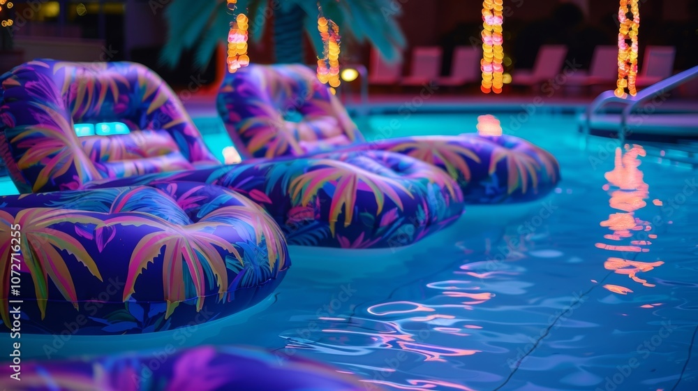 Poster a poolside lounge area filled with inflatable chairs complete with neon lights and palm tree prints 