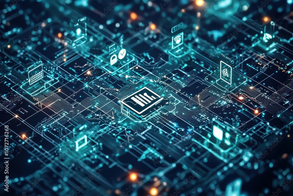Poster abstract digital network technology background with glowing circuits and connected icons representin