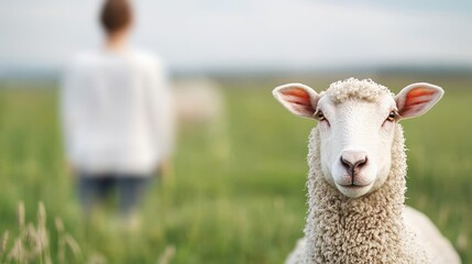 Naklejka premium Close up of a Sheep in a Meadow with a Person in the Background