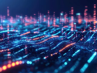 Futuristic Abstract Digital Landscape with Glowing Particles and Waves, Representing Data Flow and Technology Innovation in a Virtual Environment