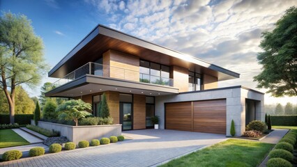 Fototapeta premium Modern house with a sleek exterior, featuring a large garage door and a patio with a glass railing