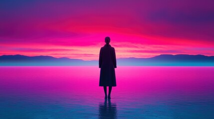 Fototapeta premium Dreamy Silhouette of a Woman in Vibrant Pink Sunset Landscape