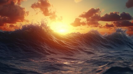 Obraz premium Dramatic Ocean Waves Crashing at Sunset Nature Background