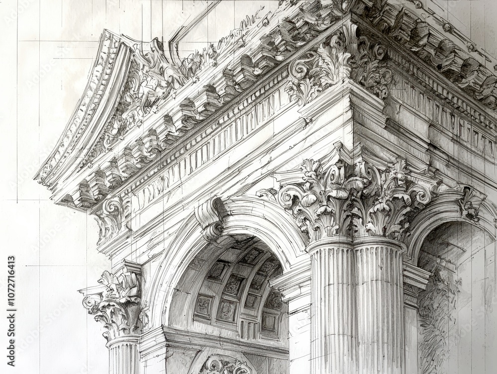 Poster intricate architectural drawing of classical column design featuring detailed capital and cornice el
