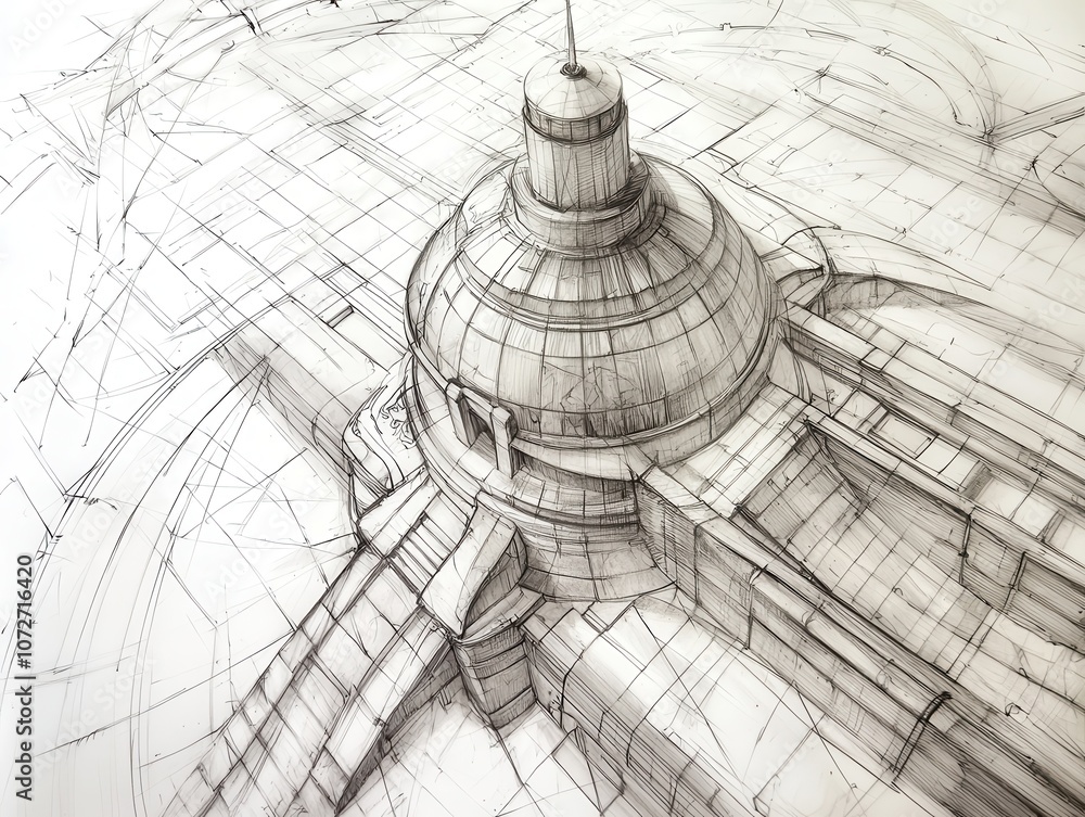 Poster intricate architectural sketch of a dome structure with detailed lines and depth, showcasing the pre