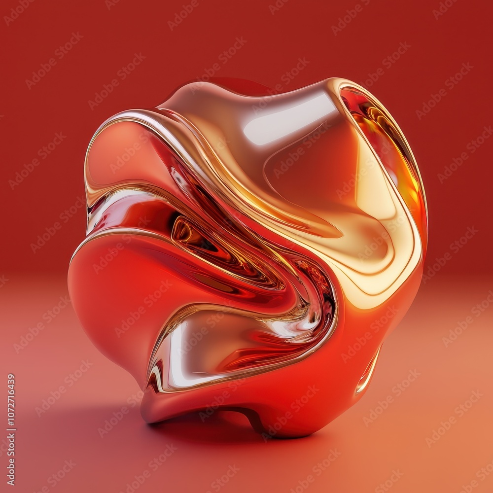 Poster abstract glossy sculpture on a vibrant red background with smooth curves and reflective surfaces, sh