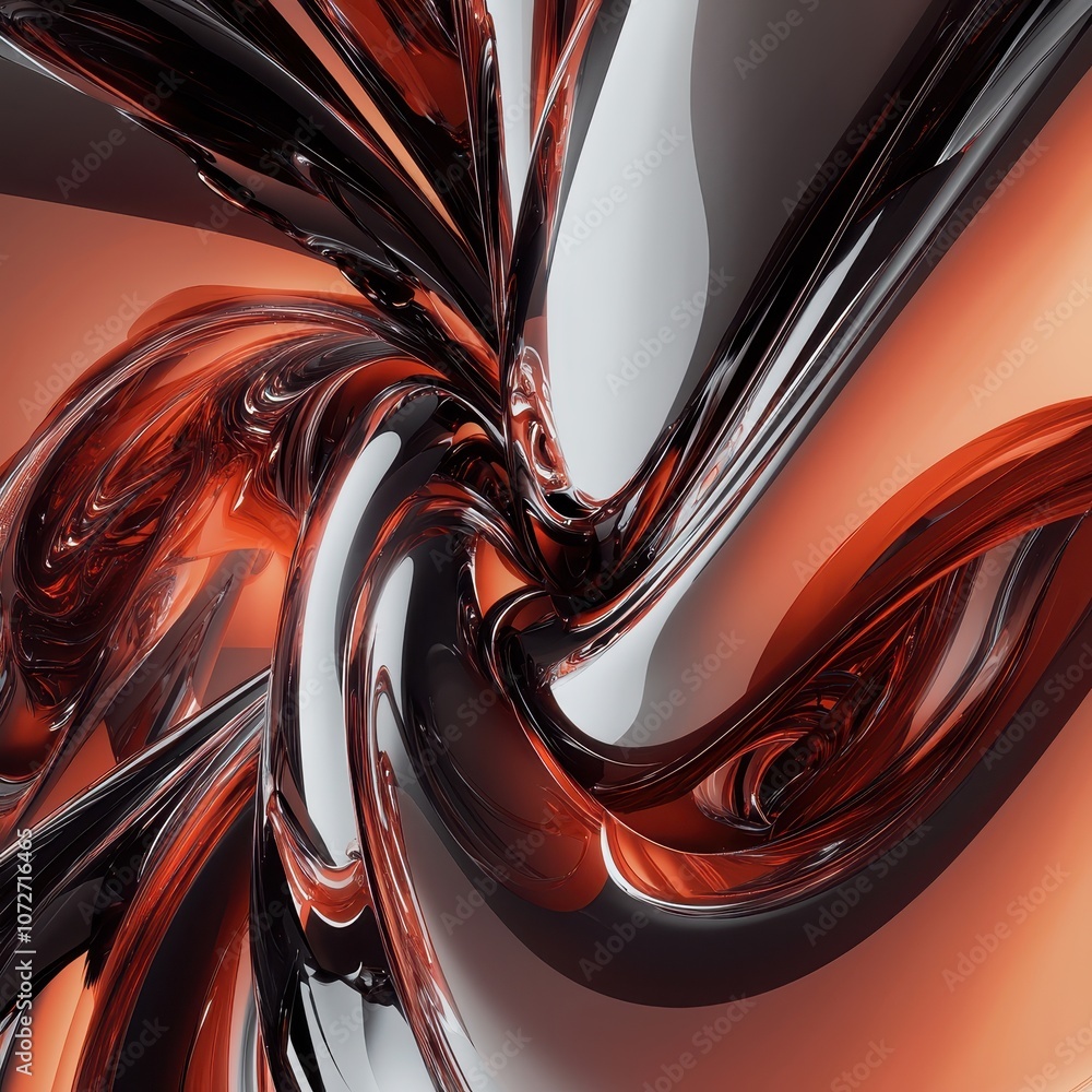 Poster abstract swirling patterns in metallic red and silver tones, captivating fluid dynamics with glossy 
