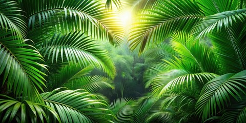 A vibrant green jungle scene with sun rays filtering through the dense foliage of palm trees.