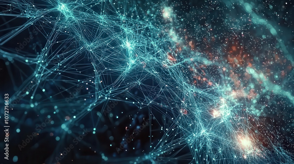 Poster abstract representation of interconnected nodes and vibrant light particles in a cosmos-inspired dig