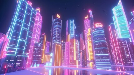 Obraz premium Futuristic Neon Cityscape at Night: A Vibrant Urban Environment Filled with Bright Lights, Modern Architecture, and a Dynamic, Dreamlike Atmosphere