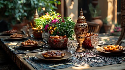 Fototapeta premium Traditional Middle Eastern table setting with dates, a vase of flowers, and ornate dishes.