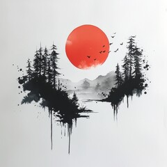 Serene Landscape with Red Sun, Trees, and Birds in a Tranquil Scene Featuring Minimalist Brush Strokes and Watercolor Effects for Art Lovers and Nature Enthusiasts