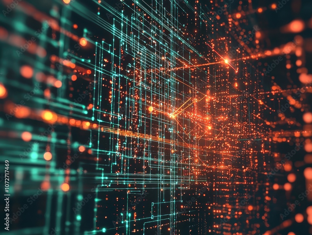 Poster abstract digital background with glowing lines and particles representing data flow and technology c