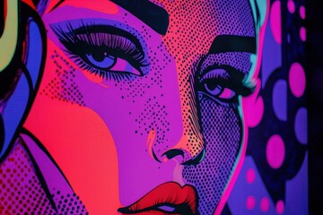 Vibrant Pop Art Portrait with Neon Colors Featuring a Stylish Woman's Face Emphasizing Bold Lines and Dramatic Expression in a Contemporary Design