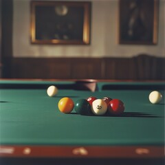 Close-Up of a Pool Table with Game Balls in Play and Classic Interior Decor, Capturing the Essence of Leisure and Skill in a Social Setting