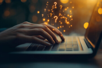 A person typing on a laptop with question marks floating above the keyboard web design question template