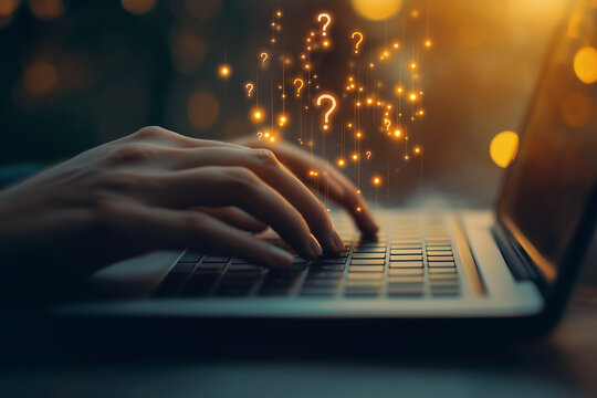 A person typing on a laptop with question marks floating above the keyboard web design question template