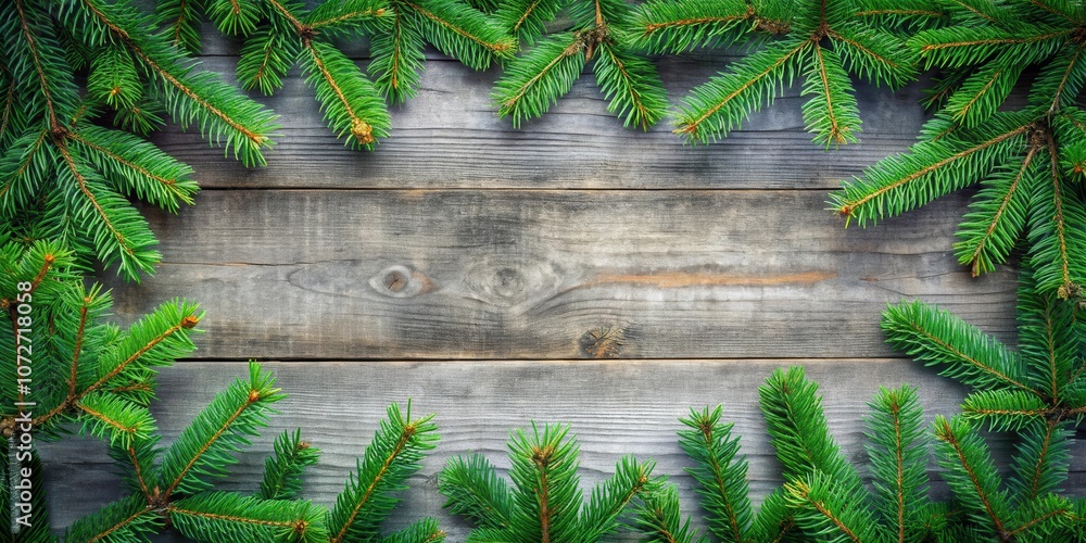 Poster rustic wood background with evergreen sprigs surrounding empty center for seasonal design