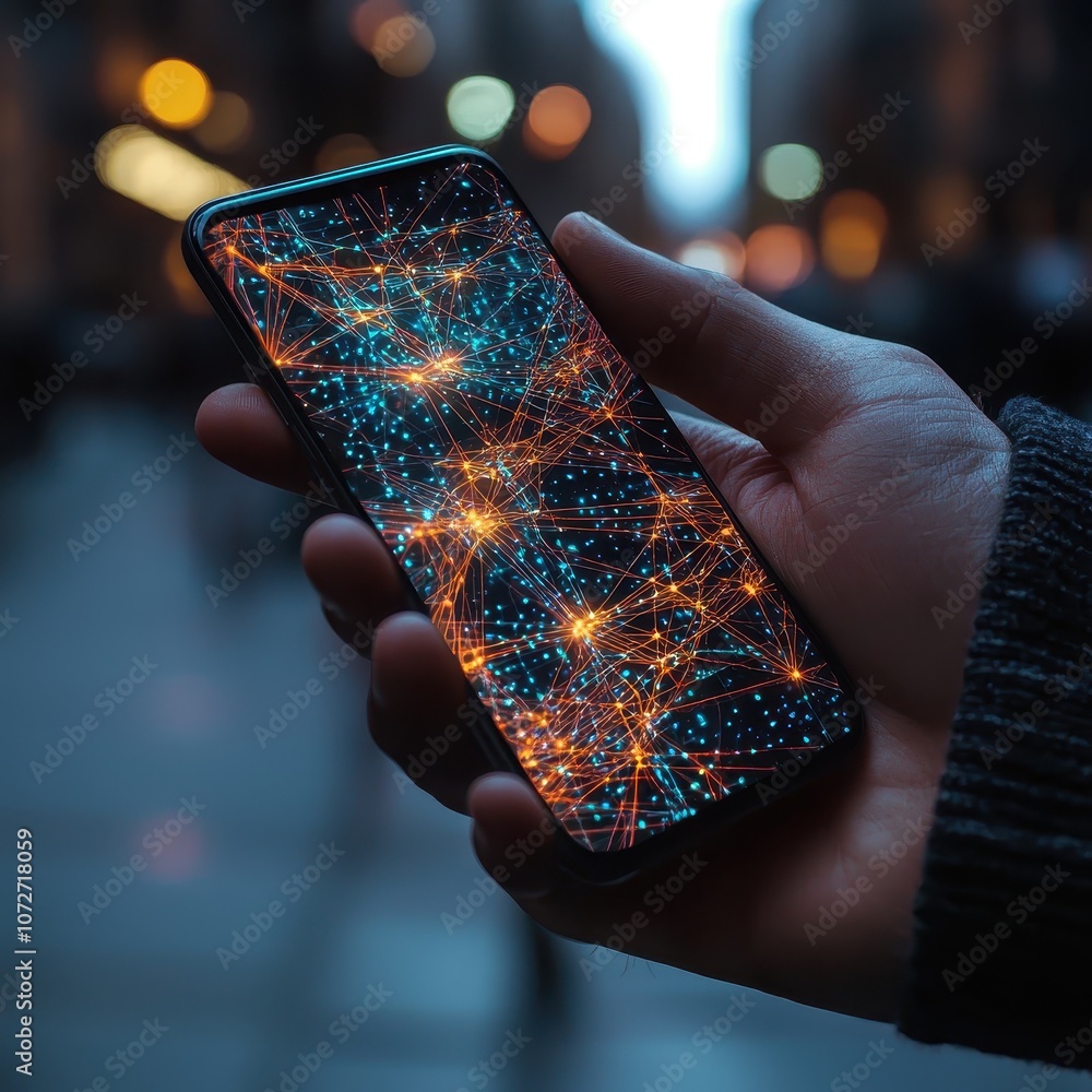 Poster Hand Holding Smartphone Displaying Vibrant Network Connections Amidst Urban Background with Bokeh Effect and Soft Glowing Lights