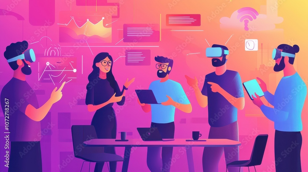 Poster diverse group engaging in futuristic technology discussion with vr headsets, tablets, and interactiv