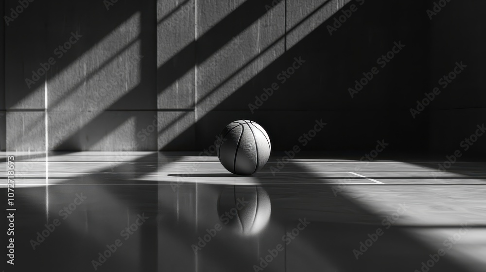 Aufkleber black and white artistic photograph of a basketball sitting on a floor with sharp shadow patterns an
