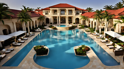 Beautiful resort exterior design, fancy resort, luxury vacation concept background, fancy travel, millionaire resort, ai generated