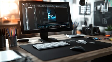 Naklejka premium Desktop Workspace with Computer and Accessories