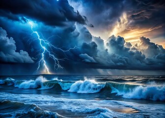 Fototapeta premium Dramatic Nighttime Scene of a Dark Ocean Storm with Lightning Strikes Illuminating Towering Waves in a Turbulent Sea Under a Starry Sky