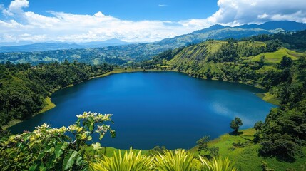 Serene Lake Surrounded by Lush Greenery and Mountains