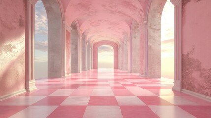 Fototapeta premium Serene Pink Interior with Archways and Checkerboard Floor