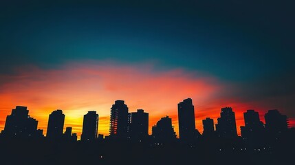 Fototapeta premium Silhouetted City Skyline at Sunset with Vibrant Orange and Blue Sky