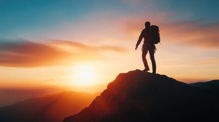 Silhouette of a Climber Reaching the Mountain Peak at Sunset - Success, Achievement, and Inspiration