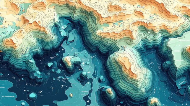 Colorful topographic map of ocean depth and terrain