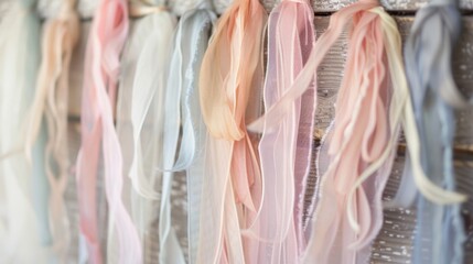 An elegant display of pastel ribbons hung on a rustic wooden frame for a shabby chic look.